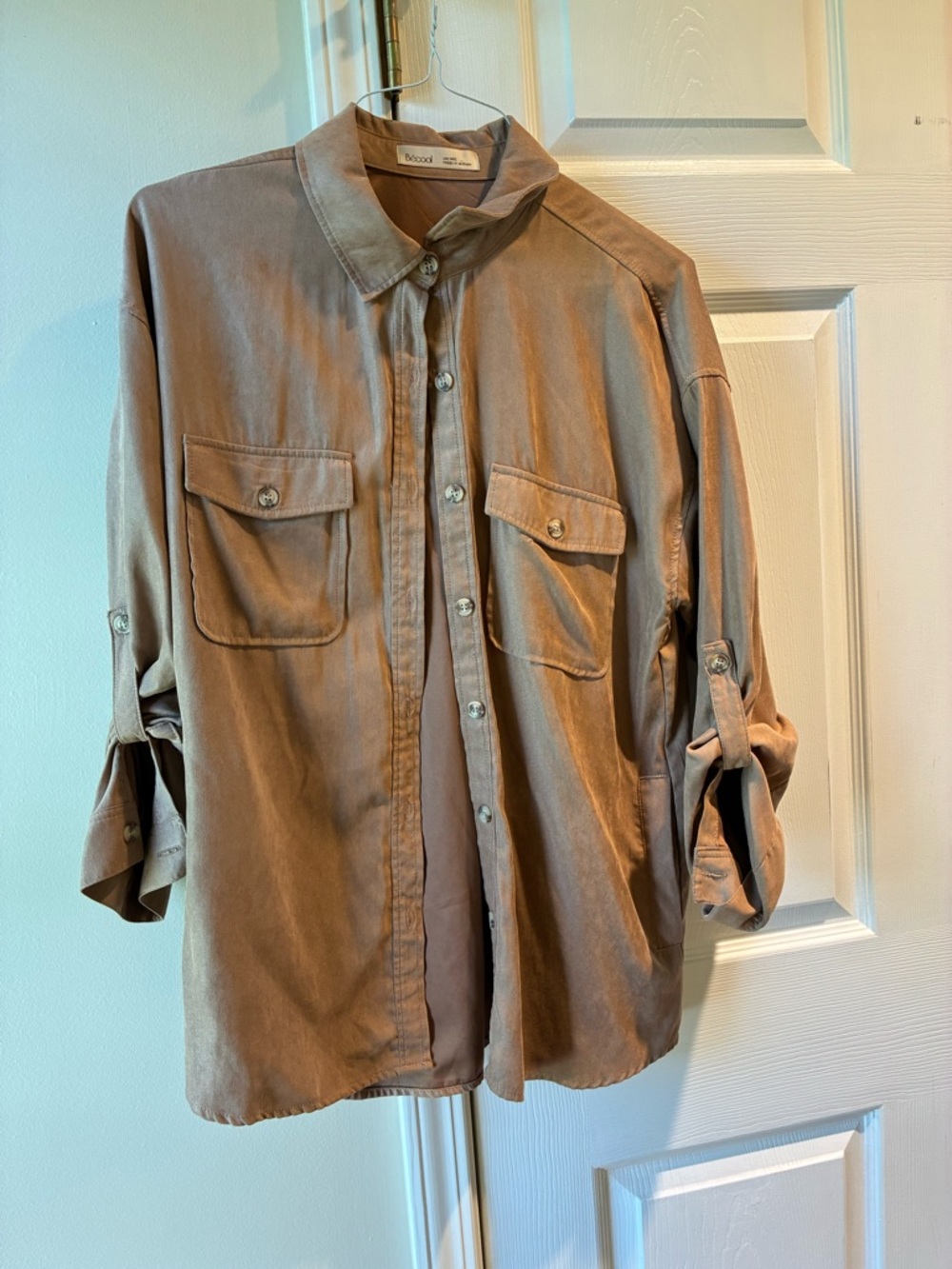 Relaxed Button-Front Utility Blouse in Taupe